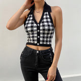 90s fashion men Spring and Summer New Irregular Pattern Halter Sexy Top Backless Cardigan Knitted Sling