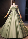 Uniwim Green Satin Off Shoulder Long Formal Dress, Green Long Evening Dress Sweet 16 Dress