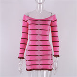 dti outfits Long Sleeve Striped off-Shoulder Knitted Skirt New Sexy Tight Sweater Dress Autumn and Winter Dress Women