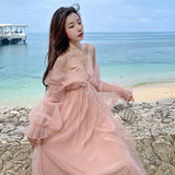 unique hoco dresses French Style Sexy High-Grade Strap Pink Mori Fairy Dress Sanya Seaside Vacation Photography Beach Dress for Women