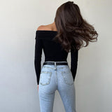 black sweater dress outfit Ins2024 Sexy Fashion V-neck off-Shoulder Stitching Long Sleeve Solid Color Slim Jumpsuit