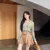 masc outfits Waste Soil Wind Gradient Color Hollow Crocheted Loose All-Match Sweater (with Tie) Top