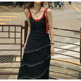 fall 2024 fashion trends French Fashion Vintage Washed Distressed Denim Sling Dress Summer Sweet Hot Girl Frayed Irregular Dress for Women