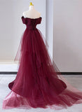 Uniwim Charming Mermaid Lace-up Satin Long Formal Dress, Burgundy Off Shoulder Evening Dress