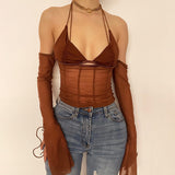 frat outfits Hot Sexy Halter Lace-up Backless Mesh Stitching Vest Spring Solid Color Top