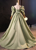 Uniwim Green Satin Off Shoulder Long Formal Dress, Green Long Evening Dress Sweet 16 Dress