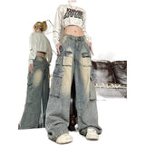 Uniwim 90s streetwear American Retro High Street Wide Leg Workwear Jeans Women's Autumn New Low Waist Design Loose Slimming Pants Fashion