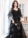 Uniwim Black Beaded Straps A-line Floor Length Party Dress, Black Tulle Long Prom Dress