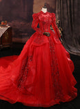 Uniwim Red Tulle Ball Gown Long Sleeves Sequins Wedding Party Dress, Red Tulle Formal Dress