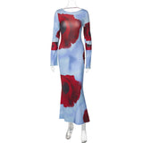 birthday outfit Fashionable Printed Long Dress 2024 Autumn Women's New Long Sleeve Sexy Backless Dress