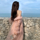 unique hoco dresses French Style Sexy High-Grade Strap Pink Mori Fairy Dress Sanya Seaside Vacation Photography Beach Dress for Women