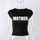  Letter Print Hollowed Backless Top Tight Short Sleeve Navel Half Turtleneck Hot Girl Sexy Women's T-shirt