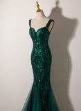 Uniwim Green Mermaid Long Straps Sequins Long Prom Dress, Green Mermaid Evening Dress