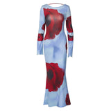 Uniwim birthday outfit Fashionable Printed Long Dress 2024 Autumn Women's New Long Sleeve Sexy Backless Dress