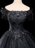 Uniwim Black Tulle Off Shoulder with Lace Applique Party Dress, Black Tulle Long Sweet 16 Dress