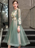 Uniwim Green Floral Long Sleeves Tea Length Party Dress, Green Bridesmaid Dress