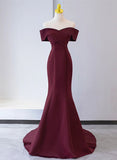 Uniwim Charming Mermaid Lace-up Satin Long Formal Dress, Burgundy Off Shoulder Evening Dress