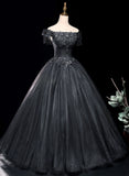 Uniwim Black Tulle Off Shoulder with Lace Applique Party Dress, Black Tulle Long Sweet 16 Dress