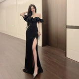 hipster dress to impress 3734 Sexy Low-Cut off-Shoulder Tube Top Long Dress Socialite Banquet Elegant Sheath Split Evening Dress