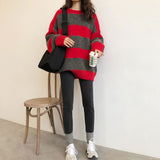 mens fashion Autumn and Winter 2024 Contrast Color Striped Lazy Style Knitted Sweater Women's Pullover Loose Casual Sweater