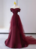 Uniwim Charming Mermaid Lace-up Satin Long Formal Dress, Burgundy Off Shoulder Evening Dress