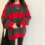 mens fashion Autumn and Winter 2024 Contrast Color Striped Lazy Style Knitted Sweater Women's Pullover Loose Casual Sweater