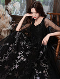 Uniwim Black Beaded Straps A-line Floor Length Party Dress, Black Tulle Long Prom Dress