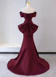 Uniwim Charming Mermaid Lace-up Satin Long Formal Dress, Burgundy Off Shoulder Evening Dress