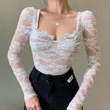 Chest Cup Lace Long-Sleeved Top Women's Spring Fashionable Sexy Black Waist-Tight V-neck Shirt