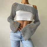 2000s fashion Sexy Hollow Sweater Solid Color round Neck Long Sleeve Knitted Blouse New