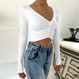 2000s fashion 2024 Autumn and Winter Long Sleeve V-neck Women's Sexy Navel Drawstring Women's Top