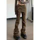 teacher outfits American Street Vibe Brown Workwear Jeans Women's Autumn and Winter New Retro Design Belt Straight Casual Pants