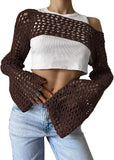 2000s fashion Sexy Hollow Sweater Solid Color round Neck Long Sleeve Knitted Blouse New