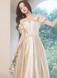 Uniwim 2024 Champagne Satin Long Off Shoulder Prom Dress, A-line Beaded Evening Dress