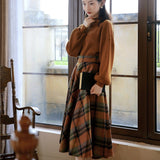 skater boy outfits Half Turtleneck Brown Lantern Long Sleeve Sweater + Plaid Woolen Skirt Suit Retro Two-Piece Set