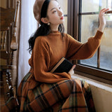 skater boy outfits Half Turtleneck Brown Lantern Long Sleeve Sweater + Plaid Woolen Skirt Suit Retro Two-Piece Set