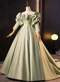 Uniwim Green Satin Off Shoulder Long Formal Dress, Green Long Evening Dress Sweet 16 Dress