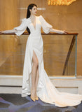 Uniwim 2024 Beautiful White Puffy Sleeves Long Party Dress with Leg Slit, White Wedding Party Dress