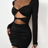 Women's Long Sleeve Dress Sexy Deep V Hollow out Dress