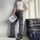 Uniwim leapord halloween outfit Chic Spring/Summer 2024 High Waist American Workwear Jeans Women's Casual Straight Pants Multi-Pocket X2098