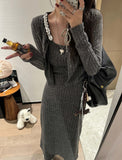 genderless fashion D8 Autumn New Korean Style Beaded Sequin Stitching Cardigan + Sling Dress Long Dress Two-Piece Set Lazy Suit Women