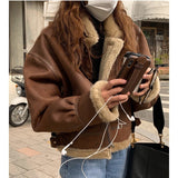 fashion Fur Integrated Autumn and Winter Retro Handsome Loose Thick Lapel Warm Motorcycle Clothing Zipper Cardigan Coat for Women