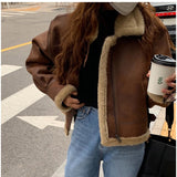 fashion Fur Integrated Autumn and Winter Retro Handsome Loose Thick Lapel Warm Motorcycle Clothing Zipper Cardigan Coat for Women