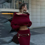 outfit ideas winter off-Shoulder Sexy High-Grade Woolen Top Skirt Suit Autumn and Winter Lazy Hot Girl Fashion Two-Piece Suit