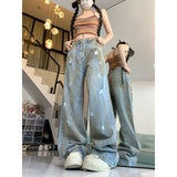 teacher outfits American-Style Washed Distressed Ripped Jeans for Women Spring and Summer New Style Waste Soil Style High Waist Slimming Loose Wide Leg Pants Fashion