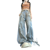 teacher outfits American-Style Washed Distressed Ripped Jeans for Women Spring and Summer New Style Waste Soil Style High Waist Slimming Loose Wide Leg Pants Fashion