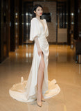 Uniwim 2024 Beautiful White Puffy Sleeves Long Party Dress with Leg Slit, White Wedding Party Dress