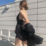 Uniwim dress to impress codes Sexy Hot Girl Backless Slimming Sling Dress French Retro Niche Pleated Drawstring Adjustable Black Dress