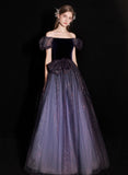 Uniwim 2024 A-line Purple Short Sleeves Tulle and Velvet Long Prom Dress, Long Party Dress