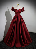 Uniwim Wine Red Satin Long Party Dress, Off Shoulder Sweetheart Floor Length Prom Dress